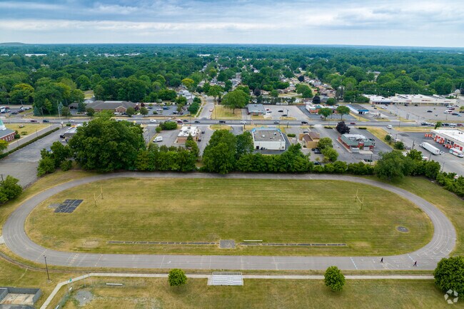 Aerial view of Marshall Upper Elementary School track and football field in Westland.