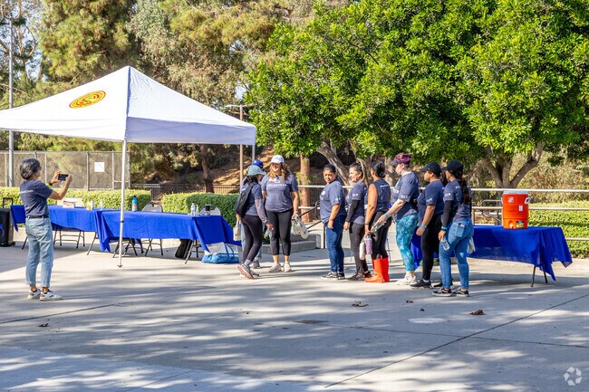 Volunteers gather for a community cleanup.