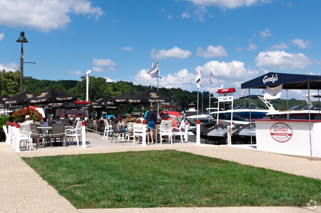 Gordy's Boat House offers outdoor seating right on the shoreline of Lake Geneva.