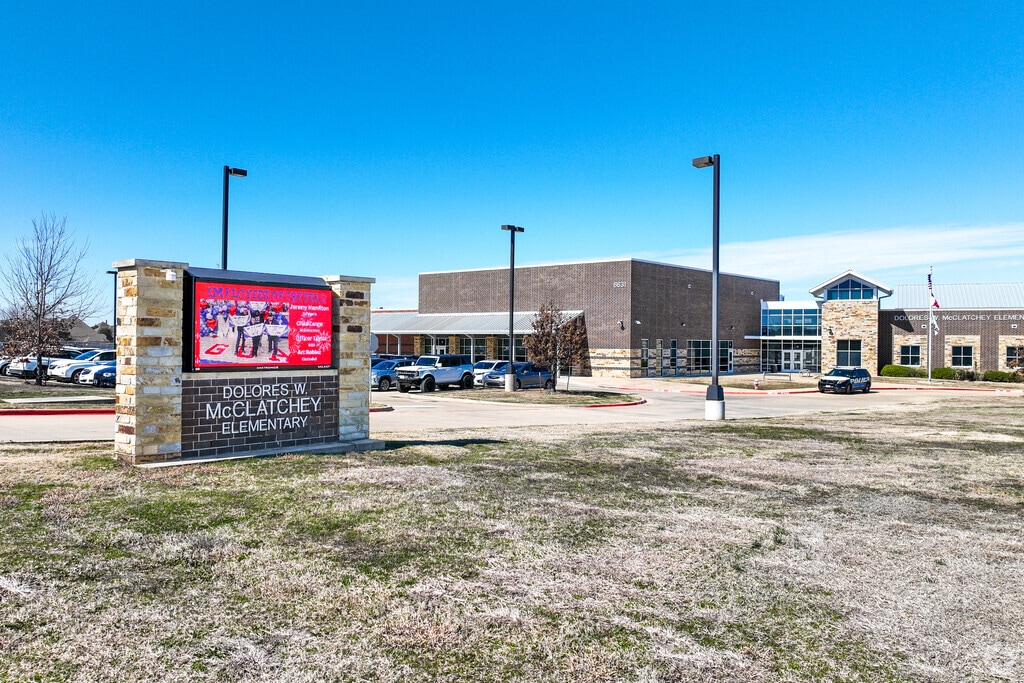 Important annoucements are displayed on the digital sign at Dolores McClatchey Elementary School.