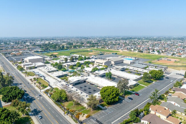 An aerial view of John F. Kennedy High School in the city of La Palma.