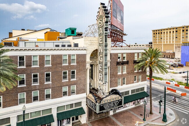 The front entrance and sign of the Saenger Theater in Iberville, New Orleans.