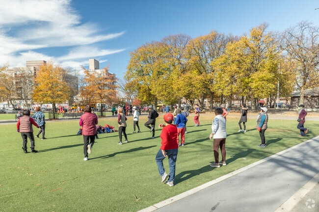 A large group of ladies practices Tai Chi at Seth Low Park.