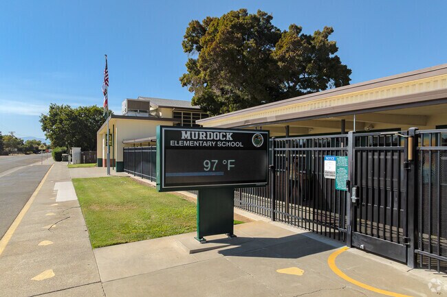 Important information is displayed on the digital sign front of Murdock Elementary School.