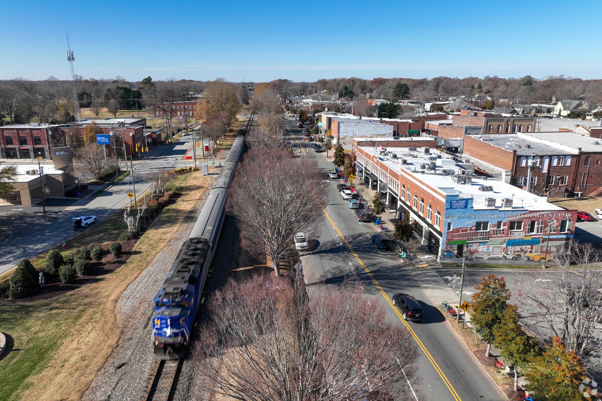 Visitors can witness trains roll through Mebane while shopping and dining on the main streets.