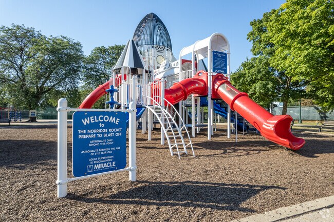 Norridge Park District playground is colorful and inviting to the kids of Harwood Heights.