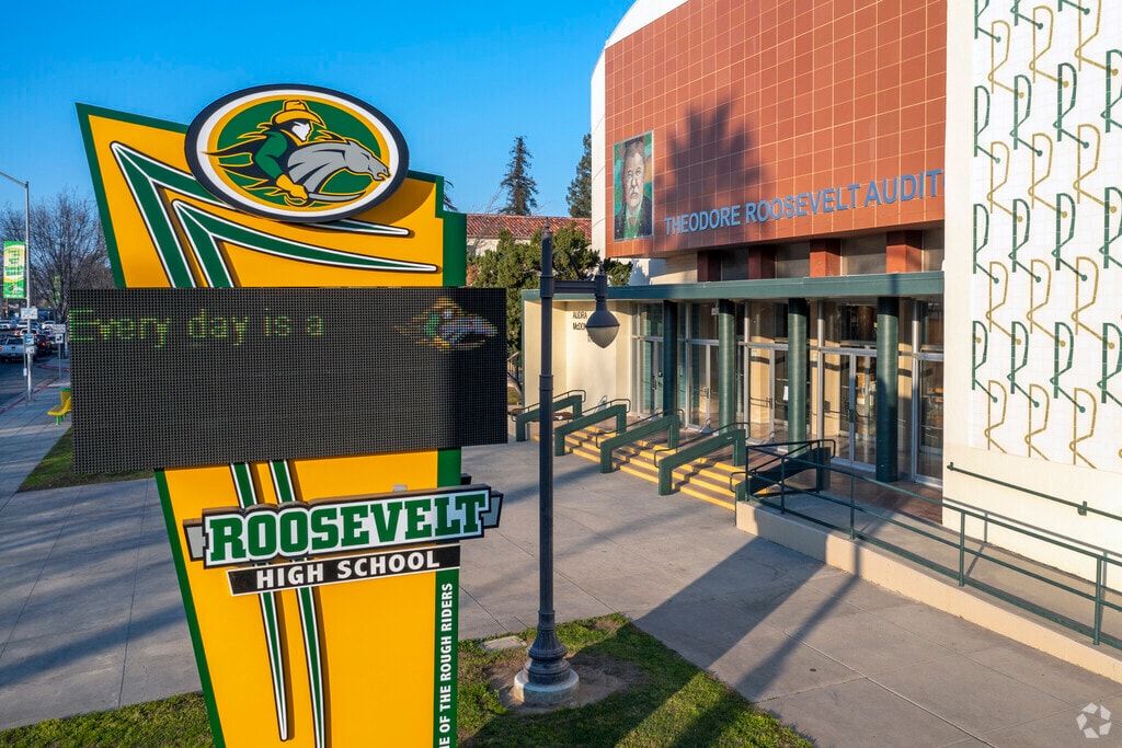 Roosevelt High School serves public school students in the Huntington neighborhood of Fresno.