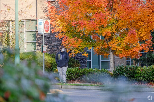 Resident of Home  awaits the bus at the bus stop.