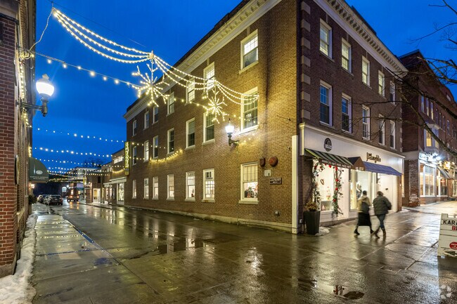 The downtown Hanover, NH streets stay lit up well into the evening hours for seasonal events.