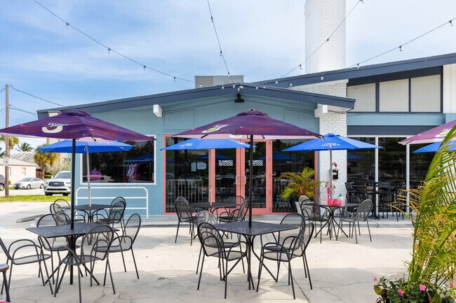 Outdoor dining area at Flamingo Seafood Restaurant in Santa Barbara Estates.