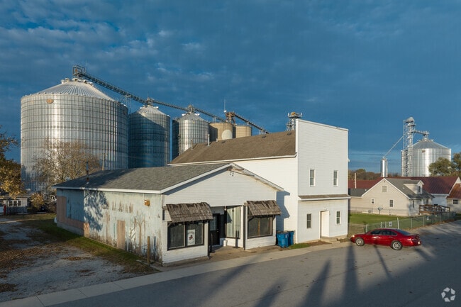 Grain silos shine over Downtown Wheatfield in the late afternoon.