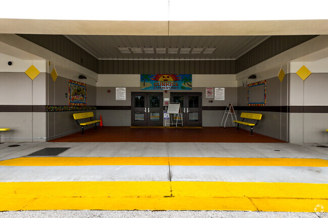 Sunrise Elementary School features a large entrance to welcome students to class.