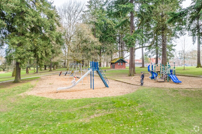 The playground is an area for kids to play at Grant Park in Portland, Oregon.