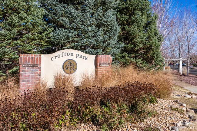 The neighborhood sign for Crofton Park in Broomfield, Colorado.