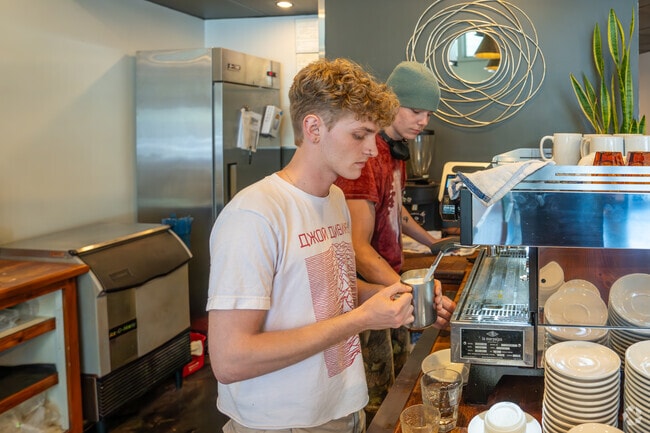 Enjoy a hot cup of coffee at Filter Coffee Parlor in Five Points South.