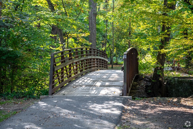 Shaded bridge spans Sligo Creek along scenic trails in Silver Spring Park.