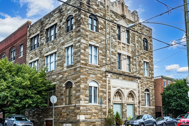 The iconic Holy Name of Jesus stands tall, symbolizing faith and community in Fishtown.