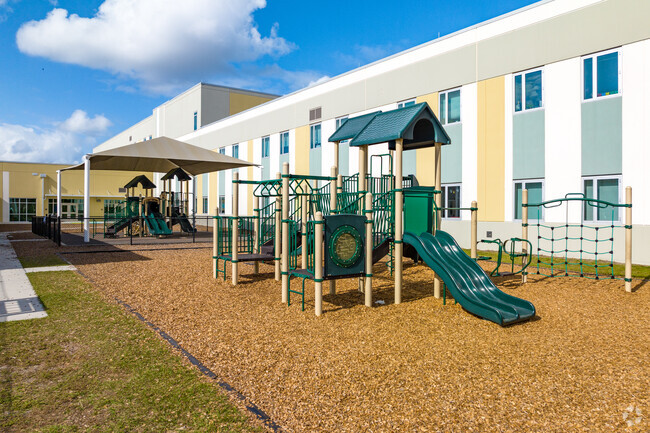 Students at Pershing School can enjoy multiple playgrounds during recess.