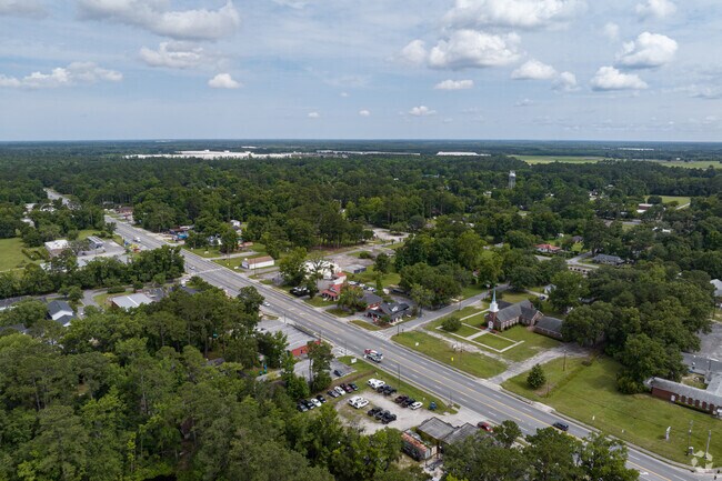 Aerial perspective of downtown Bloomingdale Georgia.