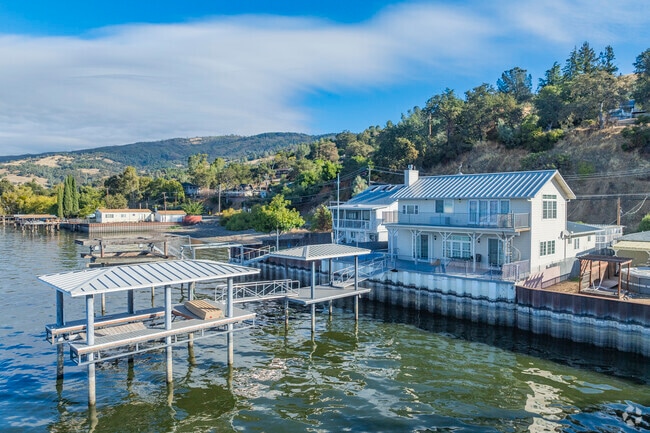 Iconic lakefront homes in Lucerne line the scenic shores of Clear Lake.