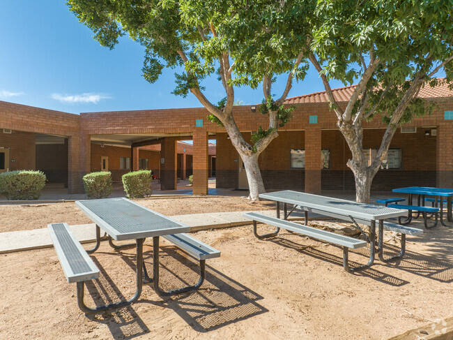 The picnic tables at Jacobson Elementary School are perfect for students to enjoy lunch outside.