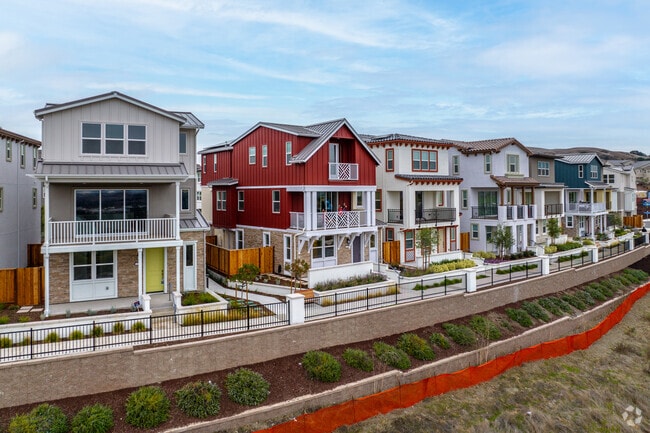A row of luxury single-family homes in the Twin Oaks section of Twin Creeks.