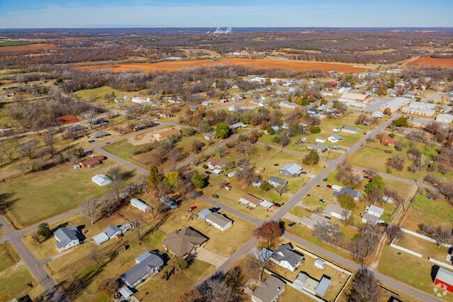 Aerial view of the Luther neighborhood with houses and trees.
