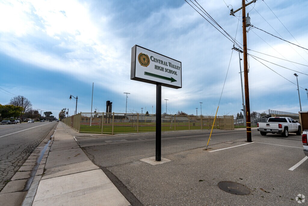The sign for Central Valley High School helps provide directions to enter the school.