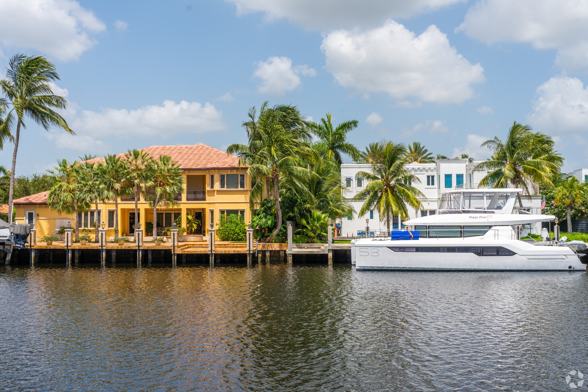 This row of single family waterfront homes offer dock space for a large boat.