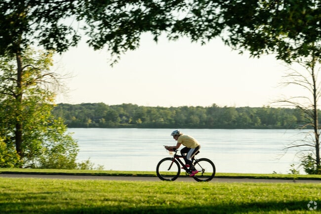 Grand Island has a Shoreline Trail that you can use to bike around the entire island.