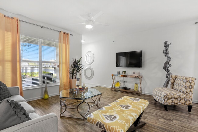 Renovated I Living room with hard-surface vinyl plank flooring