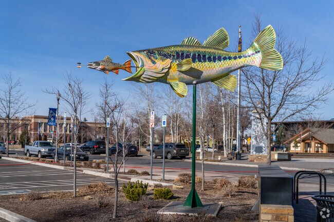 Metal sculptures and colorful artwork can be found around downtown Redmond.
