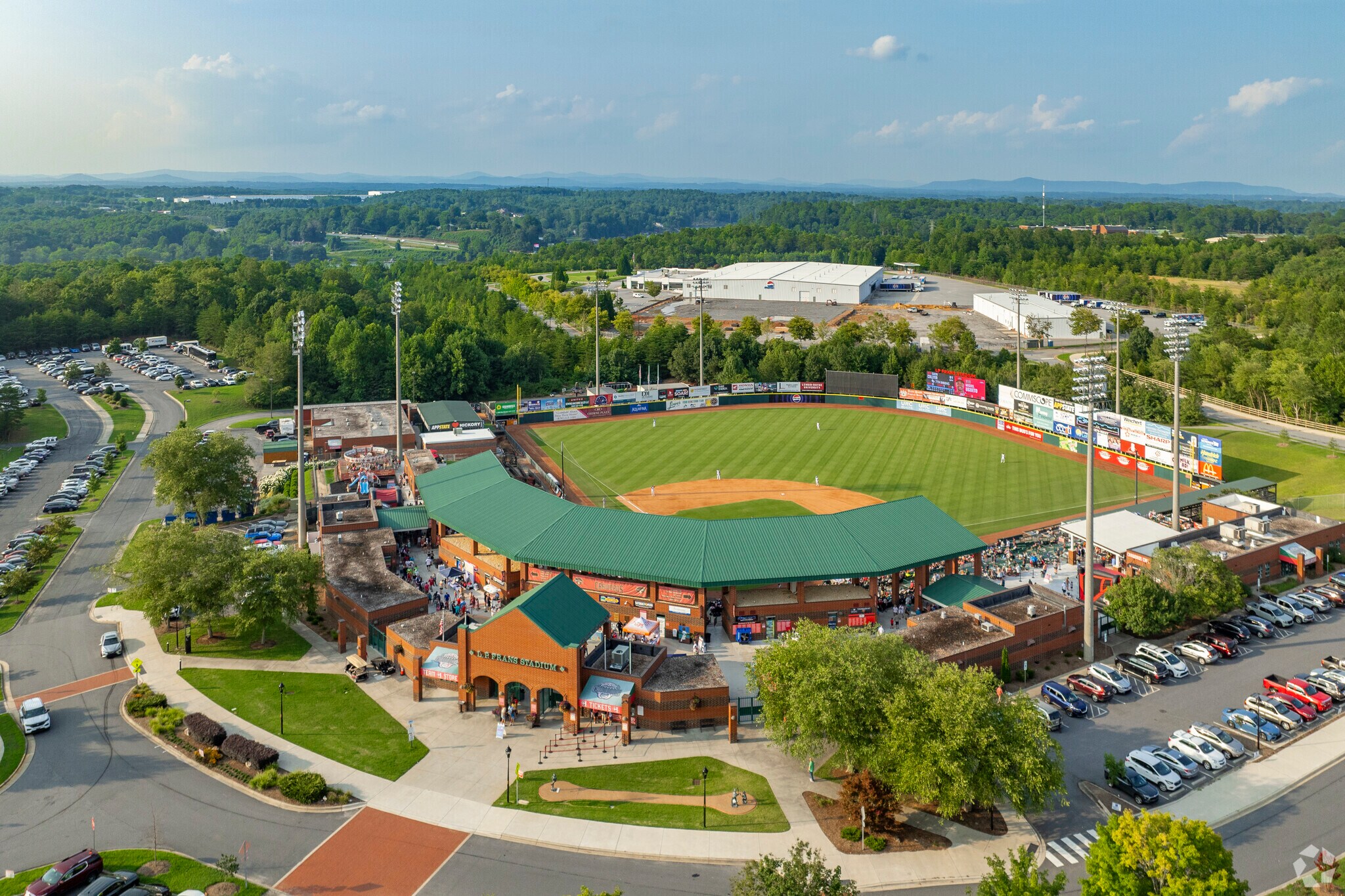 The local Crawdads baseball team draws crowds to the stadium near Lakeland Park.