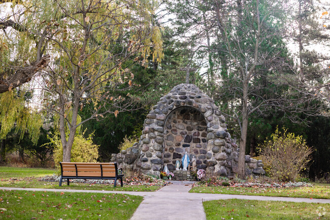 A religious statue in Amherst, New York shows the nativity scene at a park.