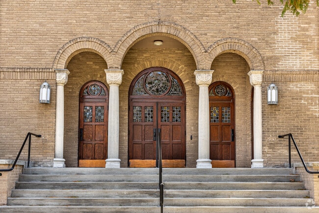 St. Louis Church's stonework is a prominent architectural feature in Owensville.