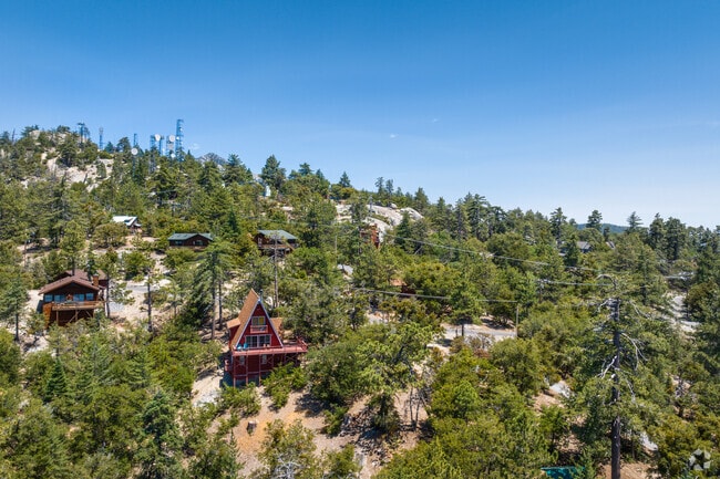 Various styles of homes and cabins sit on the hills of Pine Cove.