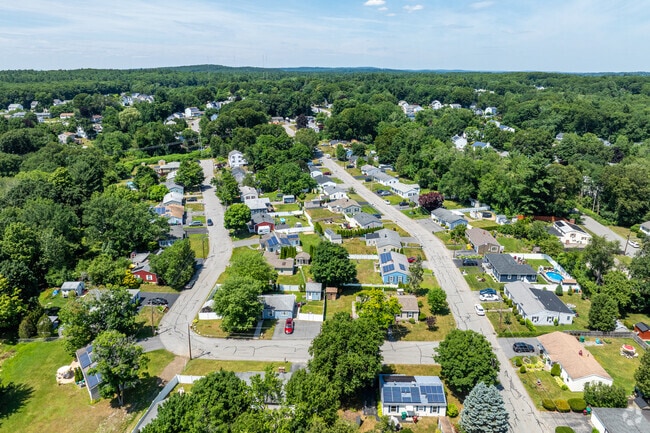 An aerial overview of the homes in the Pawtucketville neighborhood of Lowell, MA.