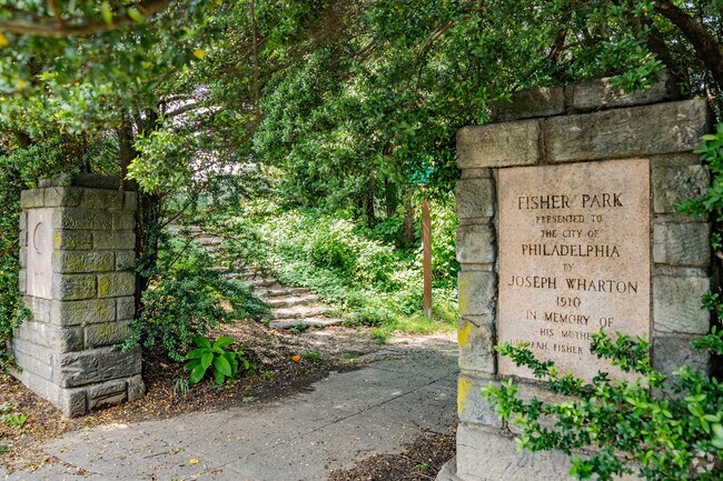 Serene moments at Fisher park amid lush greenery in Fern Rock Philadelphia.