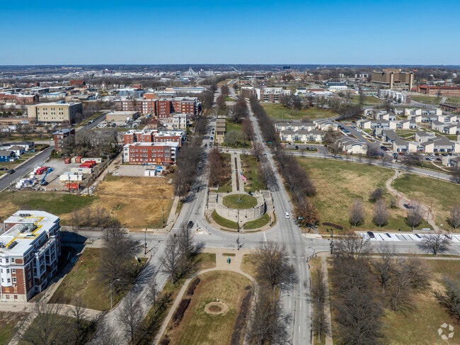 Tree-lined Paseo Boulevard runs along the edge of Paseo West in Kansas City.