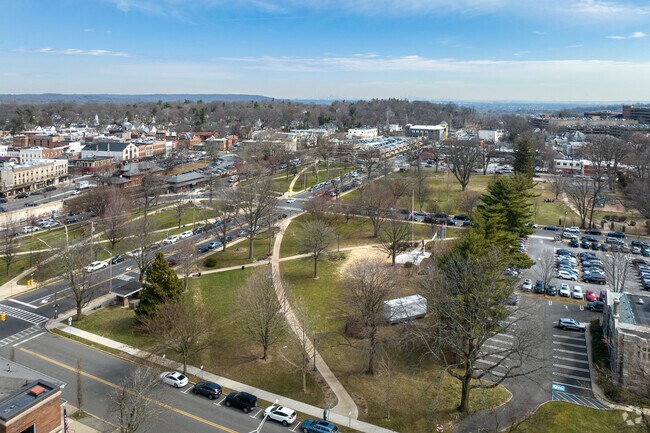 Aerial view of Summit Village Green and Mabie Memorial Playground in Summit, NJ.