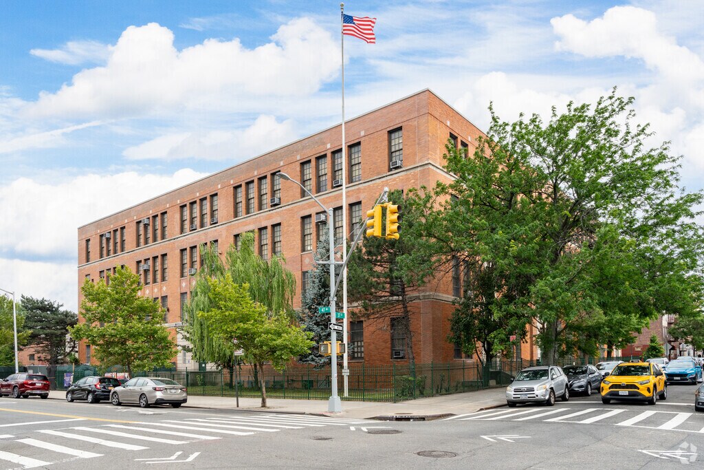 Exterior view of Queens Technical High School from 47th Ave.