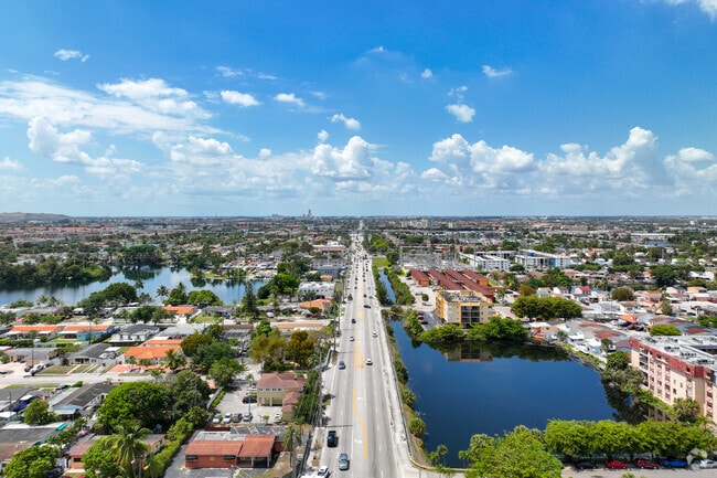 Aerial view of a main road in Palm Springs neighborhood in Hialeah.
