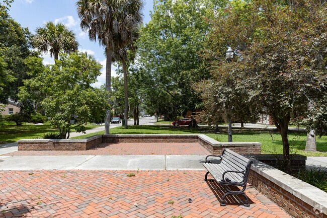 Baldwin Park in Savannah features several park benches.