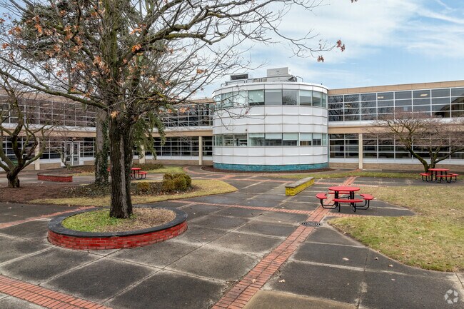 Derby Middle School features a large interior courtyard for lunch and outdoor studying.