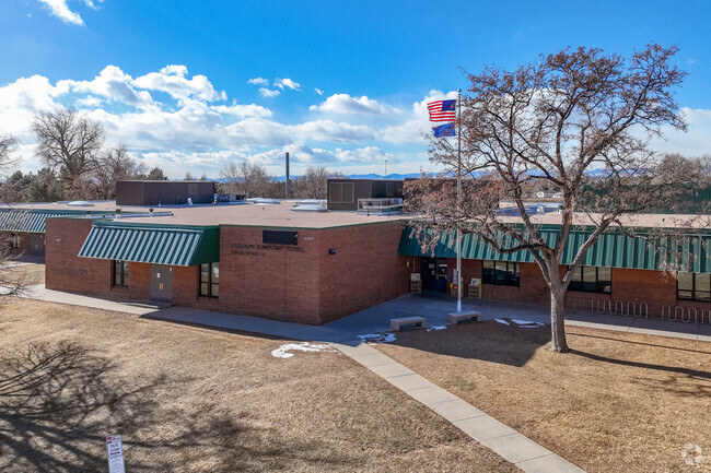The main entrance at Woodglen Elementary School in Thornton, Colorado.