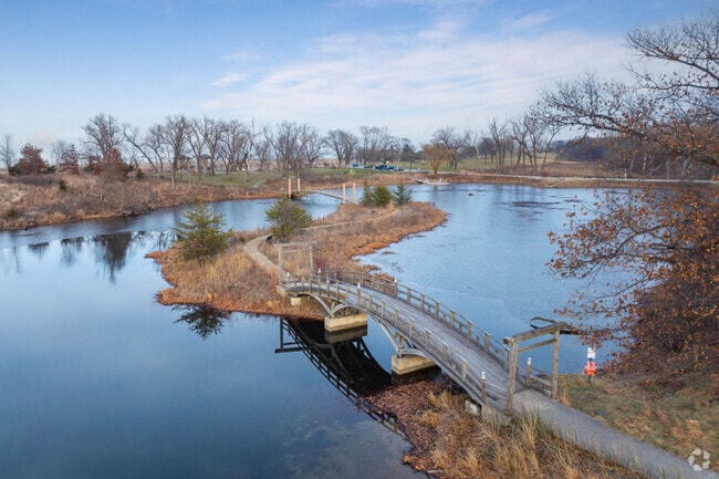 Marquette Park features winding paths connecting the park pavilion to the beach in Gary.