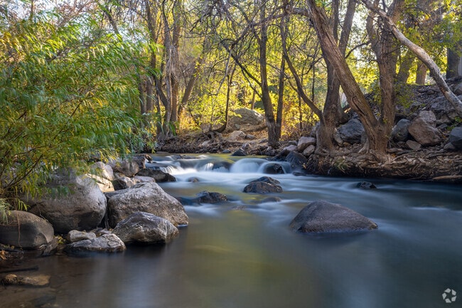Ogden River rushes down Ogden Canyon on a sunny fall day.