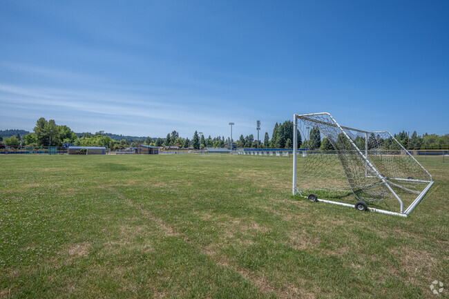Green soccer fields at Aloha High School in Aloha, Oregon.