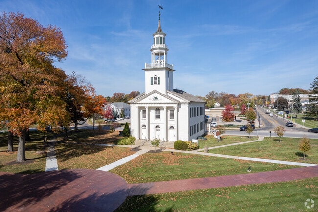 1st Congregational Church is the centerpiece of Tallmadge Circle Park.