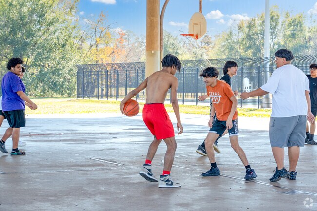 Basketball action echoing on the vibrant court at Agnes Moffitt Park.